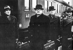 Finnish diplomats Aarno Yrjö-Koskinen, Juho Kusti Paasikivi, Johan Nykopp, and Aladár Paasonen having just returned from Moscow negotiations, Helsinki, Finland, 16 Oct 1939