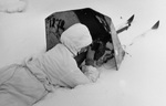 Soviet soldier in prone position with rifle and shield, Viipuri, Finland, 4 Mar 1940