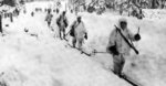 Finnish soldiers on skis on the retreat, near Hyrsylä, Finland, early Dec 1939