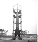 V-2 rocket prepared for launch, Peenemünde, Germany, 1940s, photo 1 of 2