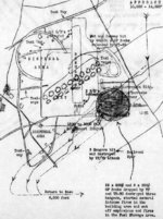 Post-mission map of the Air Group 80 of USS Ticonderoga 3 Jan 1945 attack on Taichu Airfield, central Taiwan