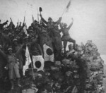 Japanese troops celebrating the capture of Nanjing, China, 13 Dec 1937