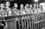 Accused Japanese war criminals Sadaichi, Nakamura, Shoxo, Jinichiro, Majoto, Tamotsu, Mesami, Ken, Ryuichi, and Tadasu on trial at the Supreme Court of Singapore, 21 Jan 1946