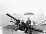 2-pounder anti-aircraft gun aboard HMCS Assiniboine en route between Halifax, Nova Scotia, Canada and Britain, 10 Jul 1940