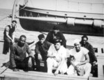 African-American US Coast Guardsmen aboard a cutter in the Atlantic, date unknown; L to R: Atwood Taylor, Richard Mitchell, R. E. Bird, Robert Woldon, Grover Taylor, Jacob Lawrence