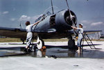 WAVES personnel washing a SNJ training aircraft, Naval Air Station, Jacksonville, Florida, United States, circa 1943-1945; note SNB aircraft in background