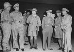Frank Forde, Douglas MacArthur, Thomas Blamey, George Kenney, Cyril Clowes, and Kenneth Walker at Seven Mile Drome, Port Moresby, Papua New Guinea, 12 Oct 1942