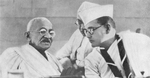 Subhash Chandra Bose and Mohandas Gandhi at the annual meeting of the Indian National Congres, Haripura, India, 1938, photo 1 of 2
