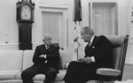 US President Lyndon B. Johnson speaking to Omar Bradley, White House, Washington DC, United States, 2 Jul 1968, photo 1 of 2