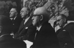 Henry Cabot Lodge, Dean Acheson, Omar Bradley, and Lyndon Johnson, White House Dining Room, Washington DC, United States, 8 Jul 1965