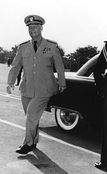 Admiral Burke arriving for a conference at Camp Voluceau, near Paris, France, during Operation 