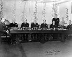 General Board of the US Navy, Washington DC, United States, Nov 1947: Col R. Pate, RAdm W. F. Boone, VAdm C. McMorris, Adm J. Towers, RAdm C. Momsen, Capt Huffman, Cmdr Lee, Capt A. Burke