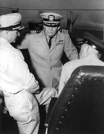 US Navy Captains Charles Weakley and Arleigh Burke, US Air Force General J. T. McNarney aboard destroyer Sarsfield during anti-submarine demonstration off Key West, Florida, United States, 23 Feb 1950