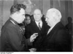 General Vasily Chukov (left) and Ambassador Vladmir Semyonov (background) with President Wilhelm Pieck (right), Berlin, East Germany, 3 Jan 1951