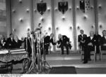 Charlemagne Prize award ceremony for Winston Churchill, Germany, 10 May 1956; note Konrad Adenauer speaking to Churchill