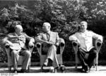 Winston Churchill, Harry Truman, and Joseph Stalin at the Potsdam Conference, Germany, 28 Jul 1945, photo 1 of 3