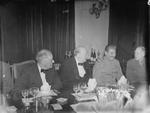 Franklin Roosevelt, Winston Churchill, and Joseph Stalin at the Victorian Drawing Room of the British Legation in Tehran, Iran, 30 Nov 1943 in celebration of Churchill