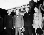 Canadian Prime Minister Louis St-Laurent, British Prime Minister Winston Churchill, British Deputy Prime Minister Anthony Eden, and Canadian Secretary of State for External Affairs Lester Pearson at Rockcliffe Airport, Ottawa, Canada, 29 Jun 1954