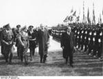 German SS formation welcoming French Prime Minister Daladier to Munich, Germany, 29 Sep 1938, photo 2 of 3; note Karl Fiehler, Adolf Wagner, and Ribbentrop slightly behind Daladier