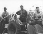 US Marine Corps officers Pedro del Valle, Thomas Holcomb, and Alexander Vandegrift inspecting 11th Marine Regiment at Camp Lejeune, Jacksonville, North Carolina, United States, 1942