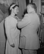 William Donovan awarding Virginia Hall the Distinguished Service Cross, Sep 1945