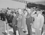 South Vietnamese President Ngo Dinh Diem and US President Dwight Eisenhower at Washington National Airport, Arlington, Virginia, United States, 8 May 1957; note presence of General Nathan Twining, John Dulles, and Colonel William Draper