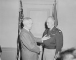 US President Harry Truman awarding General Dwight Eisenhower the third Oak Leaf Cluster to the Distinguished Service Medal, Pentagon, Virginia, United States, 7 Feb 1948, photo 2 of 2