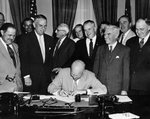 US President Dwight Eisenhower signing the law that officially changed the holiday Armistice Day to Veterans Day, White House, Washington DC, United States, 1 Jun 1954