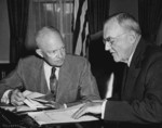 US President Dwight Eisenhower and US Secretary of State John Foster Dulles, White House, Washington DC, United States, 14 Aug 1956