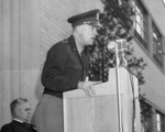 General Dwight Eisenhower speaking at the Aircraft Engine Research Laboratory at Lewis Field, Cleveland, Ohio, United States, 11 Apr 1946; note lab director Edward Sharp in background