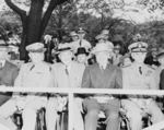 General Dwight Eisenhower, US Secretary of Defense Louis Johnson, US President Harry Truman, and Admiral William Leahy at the Arm Forces Day parade, 20 May 1950, photo 1 of 2
