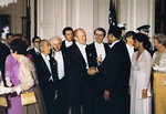 US President Gerald Ford shaking hands with baseball player Gerald Ford at the White House, Washington DC, United States, 2 Oct 1975; note Emperor Showa and Betty Ford (partially hidden) also present