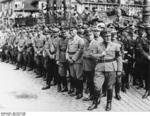 Martin Bormann, Robert Ley, Wilhelm Frick, Hans Frank, Franz von Epp, Joseph Goebbels, and Walter Buch at a Nazi rally, Nürnberg, Germany, 12 Sep 1938