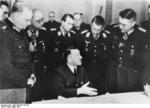 Adolf Hitler speaking with generals Wilhelm Berlin, Robert von Greim, Franz Reuß, Job Odebrecht, and Theodor Busse at the headquarters of German Army Group Vistula, Mar 1945
