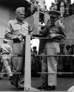 US Navy Admiral William F. Halsey and Vice Admiral John S. McCain on board USS Missouri shortly after the Japanese surrender ceremony, 2 Sep 1945
