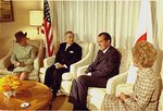 Emperor Showa (Hirohito) and Empress Kojun of Japan meeting US President Richard Nixon and First Lady Pat Nixon, Anchorage Airport, Alaska, United States, 26 Sep 1971