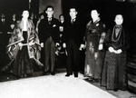 Princess Kazuko (first from left, daughter of Emperor Showa) and Toshimichi Takatsukasa (second from left) on their wedding day, Japan, 20 May 1950; Emperor Showa, Empress Kojun, and Empress Dowager Teimei also present