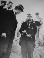 Emperor Showa inspecting Nakakoma Village (now Kai City) in Yamanashi Prefecture, Japan, Oct 1947; the village was suffering from a schistosomiasis endemic