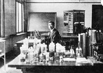 Emperor Showa in a laboratory, circa 1950