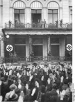 Adolf Hitler and Joseph Goebbels at the balcony of the Propaganda Ministry building, 1936