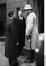Joseph Goebbels, Adolf Hitler, and Werner von Blomberg on Remembrance Day in Berlin, Germany, 25 Feb 1934