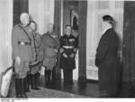Colonel General Blomberg, General Göring, General Fritsch, and Admiral Raeder offering Hitler New Year