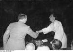 Adolf Hitler shaking hands with German actress and director Leni Riefenstahl, Germany, 20 Apr 1938