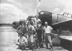 Pilots of Japanese Navy 202nd Air Group, Kupang, Timor, Dutch East Indies, Feb 1943; note Yoshiro Hashiguchi (left most pilot), Kiyoshi Ito (right most pilot), and Zero fighters