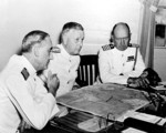 Admiral Husband Kimmel with his chief of staff Captain William and his operations officer Captain Walter Delany at Pearl Harbor, US Territory of Hawaii, 1941