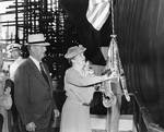 US Secretary of Navy Frank Knox and wife Annie Reid Knox at the christening ceremony of USS Hornet, Newport News shipyard, Newport News, Virginia, United States, 30 Aug 1943