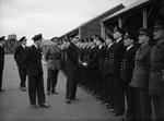 Louis Mountbatten (with Colonel G. P. Paul) inspecting officers and men at a Combined Operations training base at Dundonald, Ayrshire, Scotland, United Kingdom, 1940s