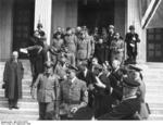 Benito Mussolini, Rudolf Heß, Galeazzo Ciano, Ernst von Weizsäcker, and others outside the Führerbau building in München, Germany, 29 Sep 1938