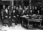 Benito Mussolini signing a treaty with Soviet representatives at the Palazzo Chigi, Rome, Italy, 7 Feb 1924