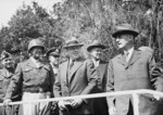 Major General Frank Parks, General George Patton, Colonel W. H. Kyle, J. J. McCloy, H. H. Bundy, and US Secretary of War Henry Stimson, reviewing US 2nd Armored Division, Berlin, Germany, 20 Jul 1945, photo 1 of 4
